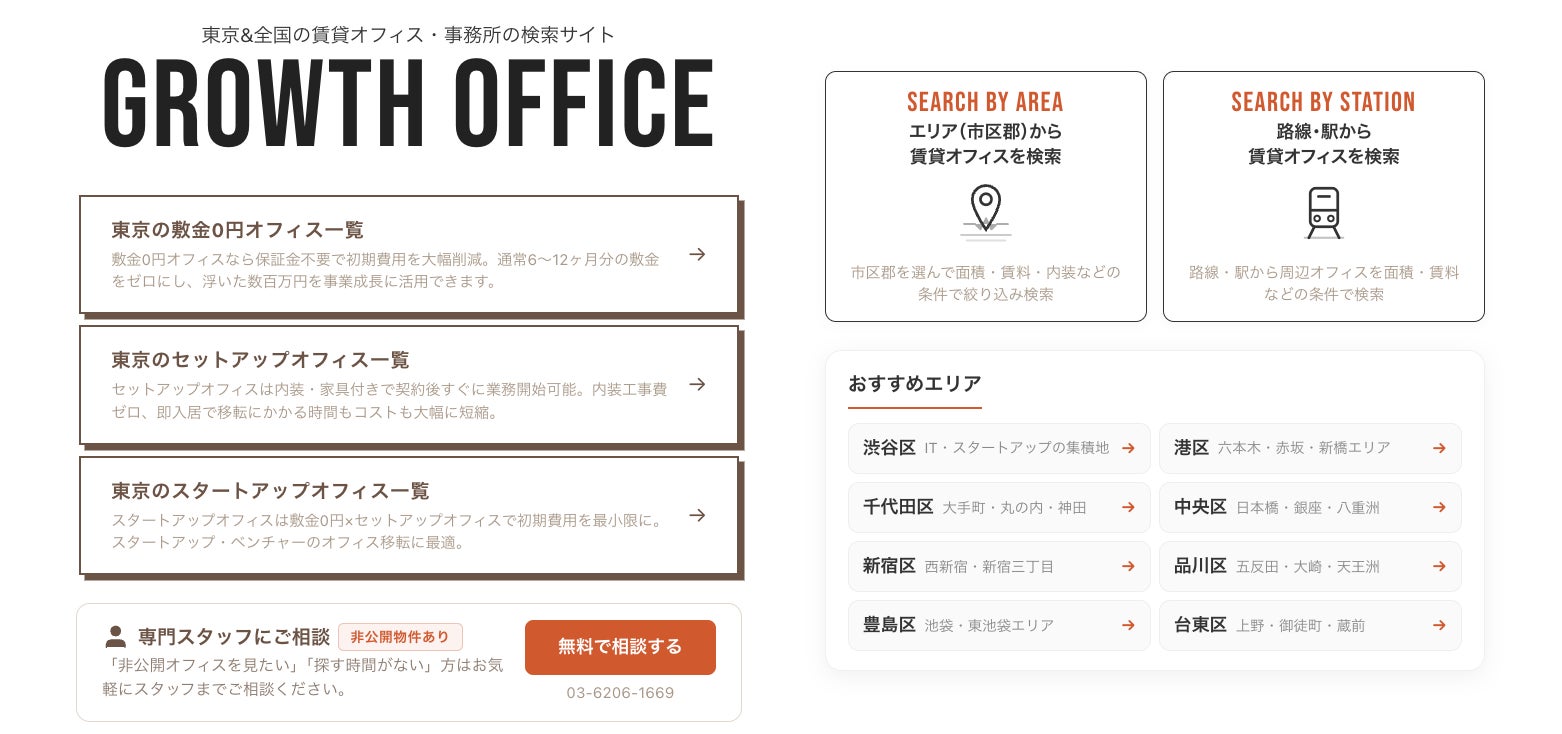 賃貸オフィス検索サイト「Growth Office」に「セットアップオフィス特集」「スタートアップオフィス特集」を新設